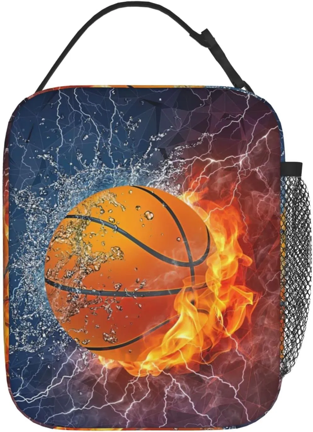 Fire And Water Basketball Reusable Lunch Box Insulation Lunch Bag Containers Tote Handbag Ice Packs For Women Men Teens Girls
