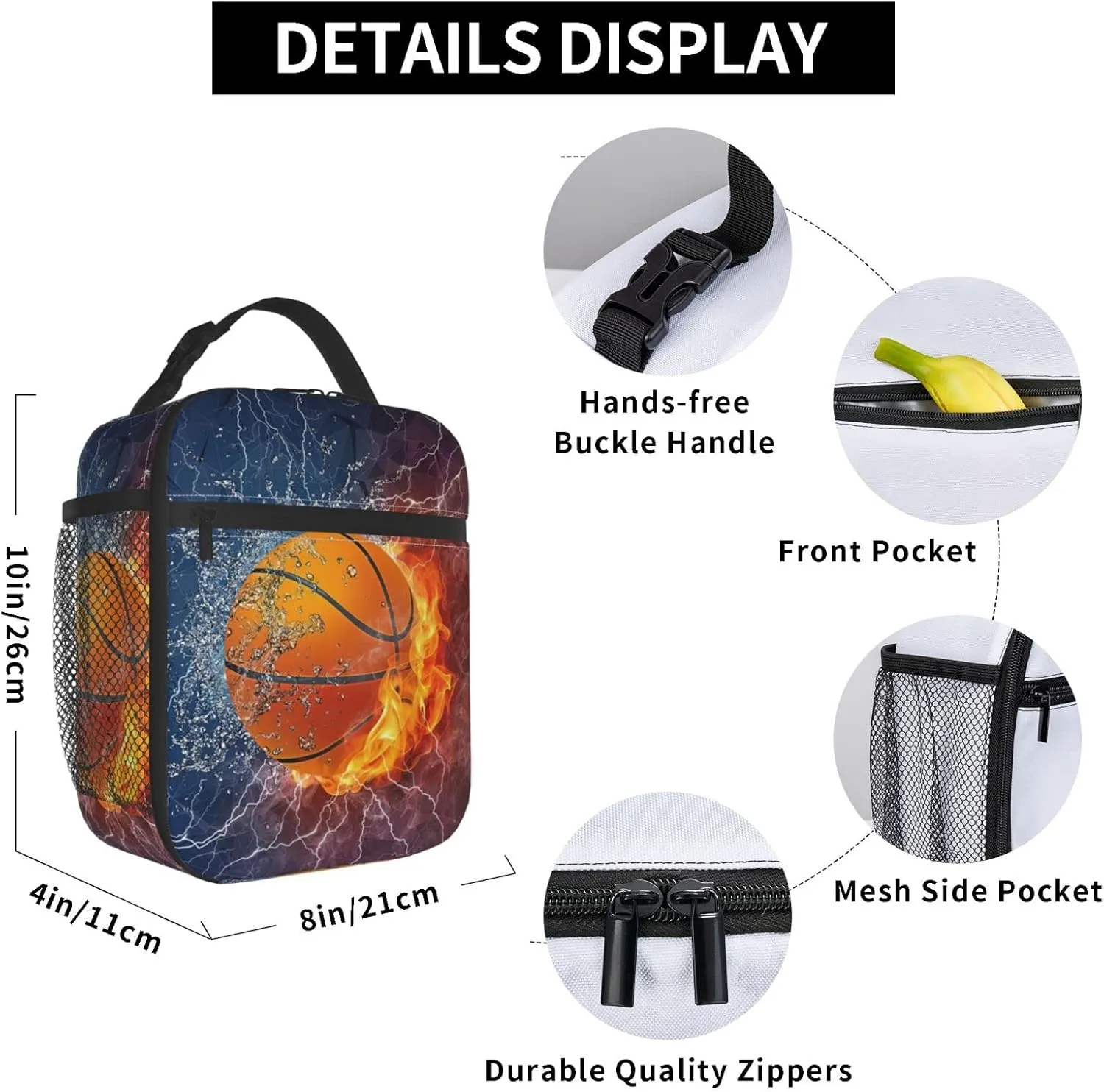Fire And Water Basketball Reusable Lunch Box Insulation Lunch Bag Containers Tote Handbag Ice Packs For Women Men Teens Girls