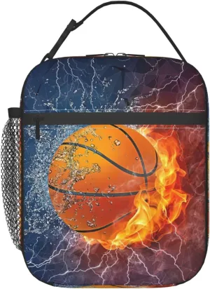 Fire And Water Basketball Reusable Lunch Box Insulation Lunch Bag Containers Tote Handbag Ice Packs For Women Men Teens Girls