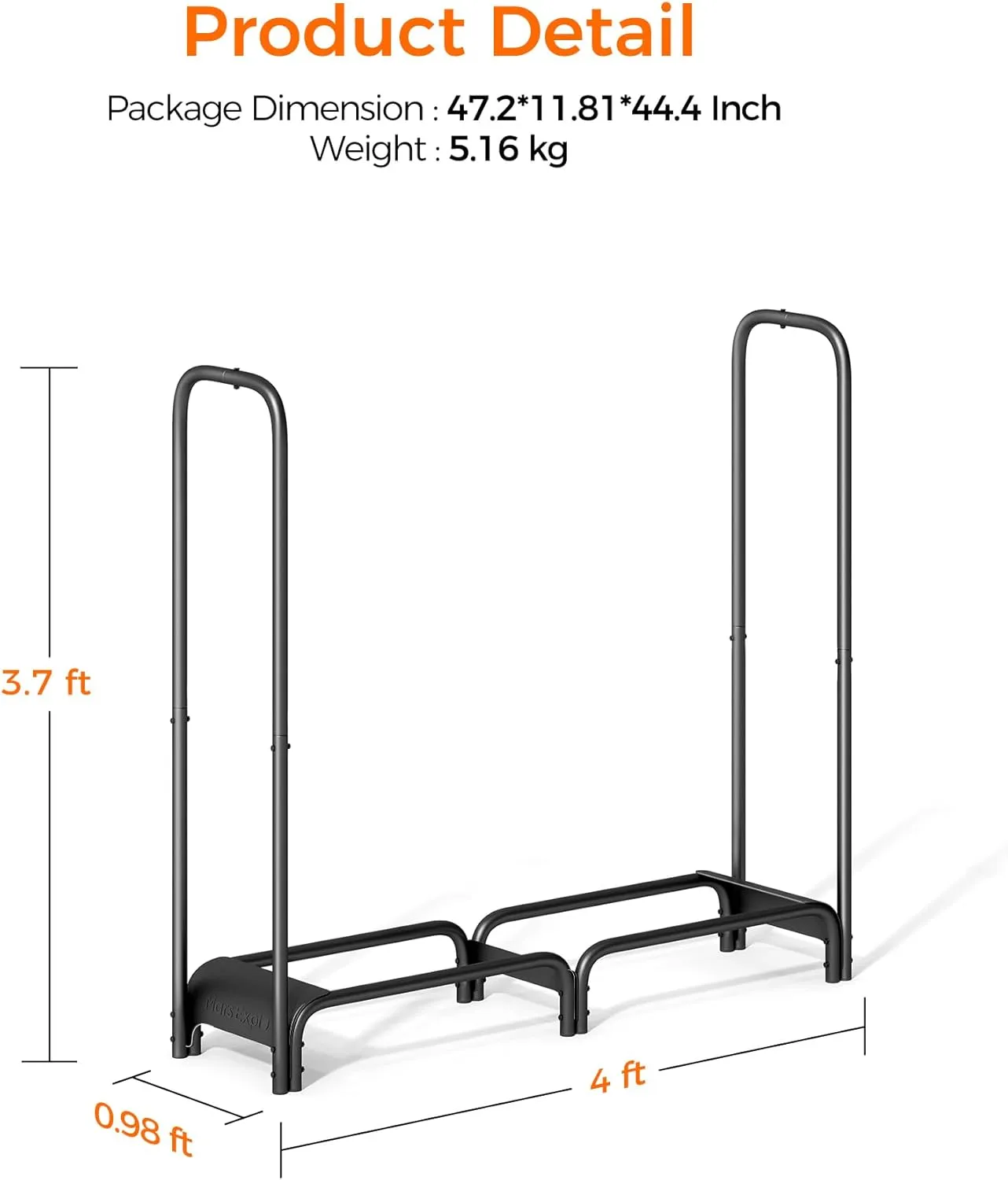 Firewood Rack，4ft Heavy Duty Fire Wood Storage Racks for Indoor Outdoor，Metal Log Holders for Firewood，Fireplace Wood Pile Storage Stacker Organizer, Black