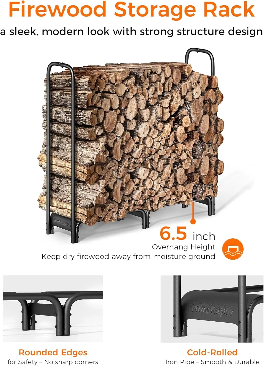 Firewood Rack，4ft Heavy Duty Fire Wood Storage Racks for Indoor Outdoor，Metal Log Holders for Firewood，Fireplace Wood Pile Storage Stacker Organizer, Black