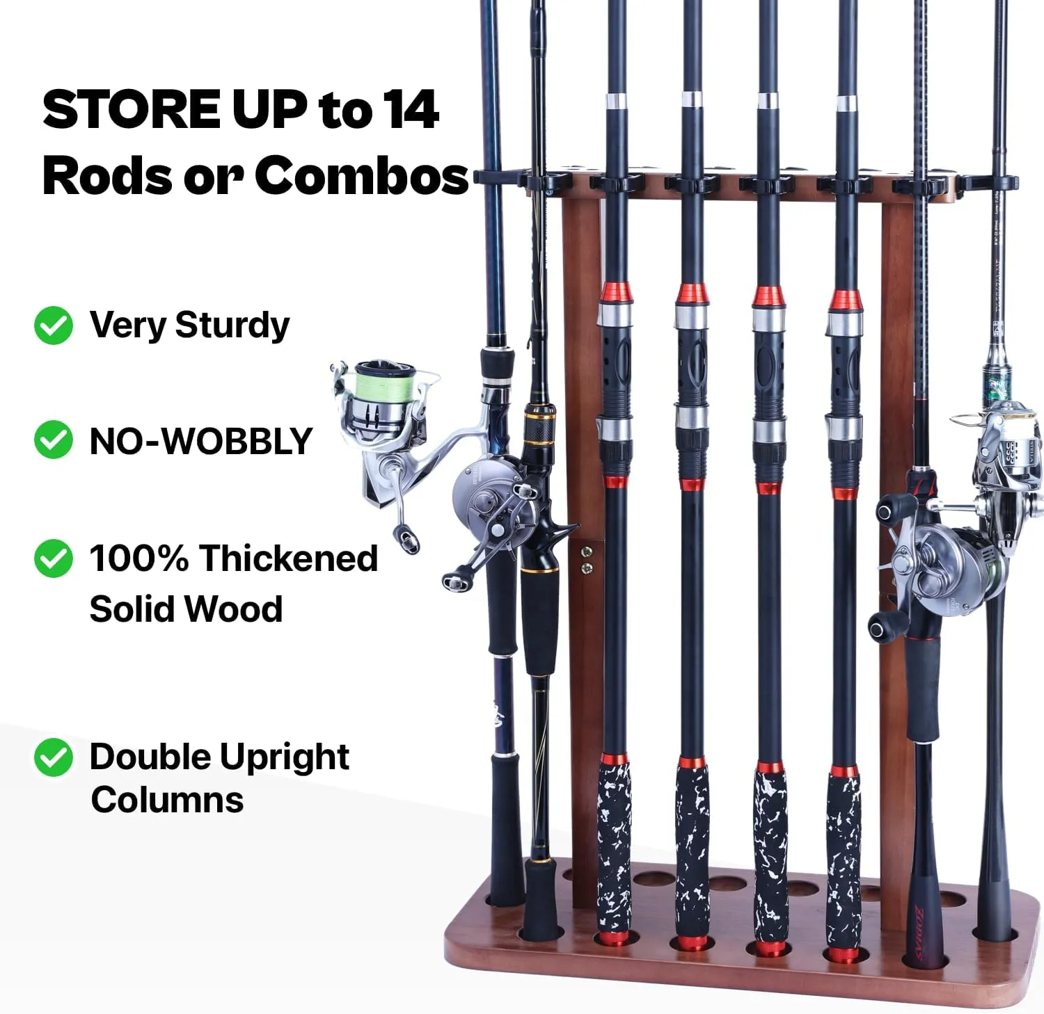 Fishing Rod Storage Racks, 100% Wood Floor Stand Fishing Pole Holders for Garage of 14 Rods or Combos