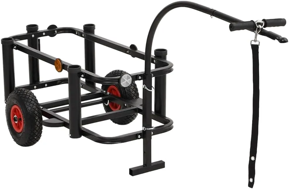 Fishing Trolley Black Steel,HeavyDuty Fishing Trolley with Rod Holders and Pneumatic Wheels Storage Islands and Carts, Without bag