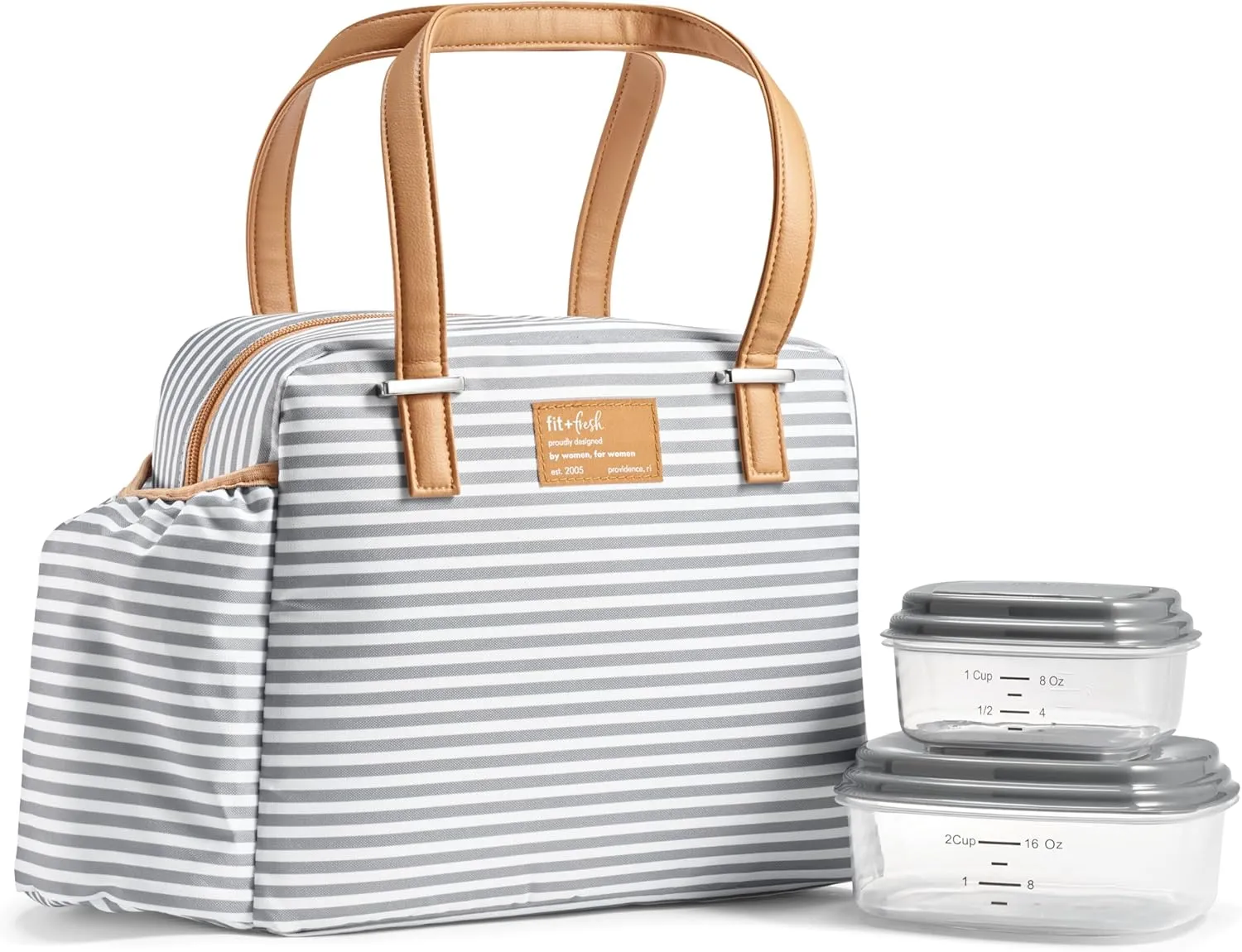 Fit & Fresh Insulated Leakproof & Stain-Resistant Large Lunch Box For Women With Expandable Bottle Pocket, Laketown Lunch Bag Gray Stripe