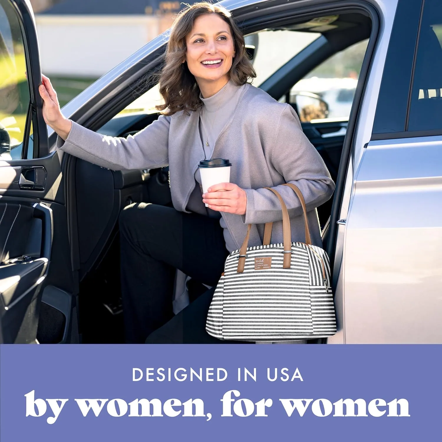 Fit & Fresh Insulated Leakproof & Stain-Resistant Large Lunch Box For Women With Expandable Bottle Pocket, Laketown Lunch Bag Gray Stripe