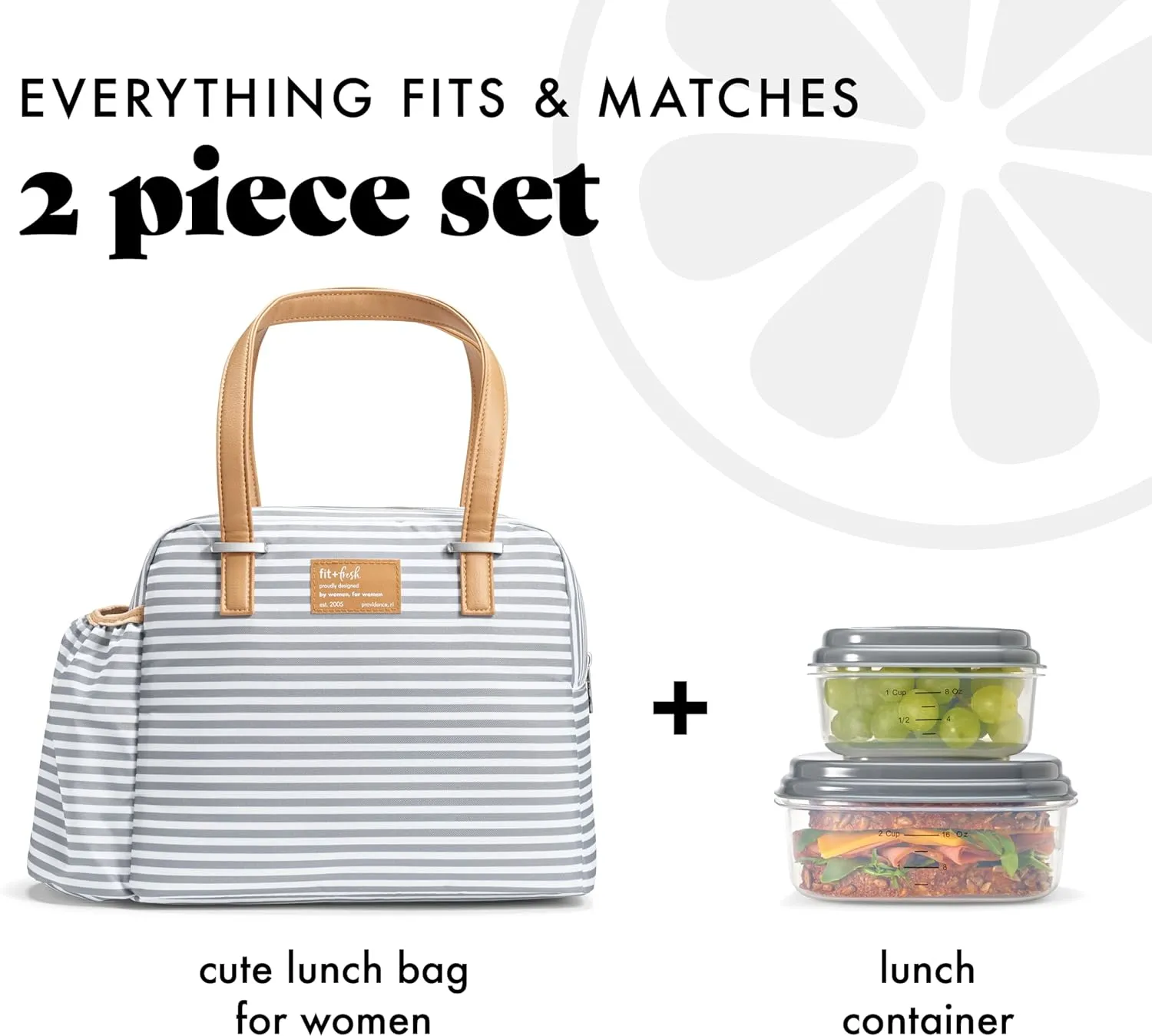 Fit & Fresh Insulated Leakproof & Stain-Resistant Large Lunch Box For Women With Expandable Bottle Pocket, Laketown Lunch Bag Gray Stripe