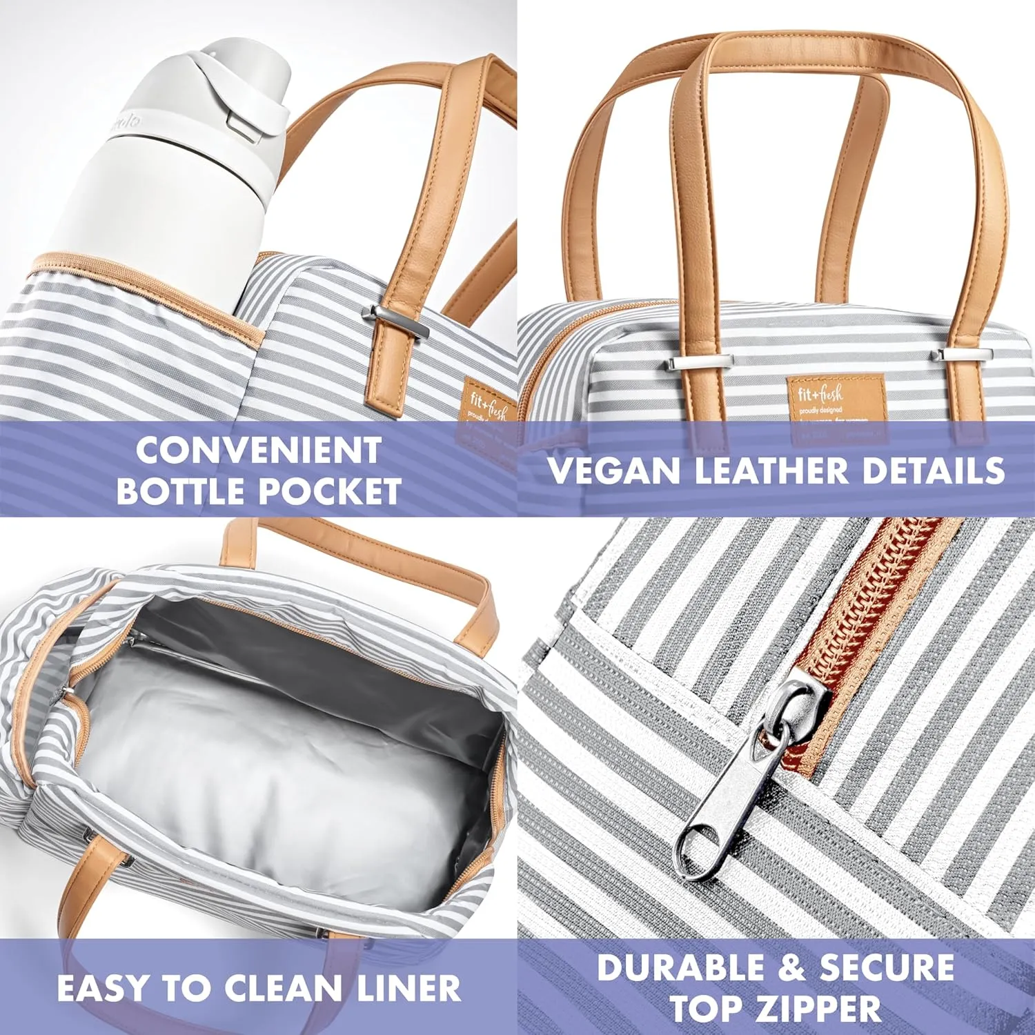 Fit & Fresh Insulated Leakproof & Stain-Resistant Large Lunch Box For Women With Expandable Bottle Pocket, Laketown Lunch Bag Gray Stripe