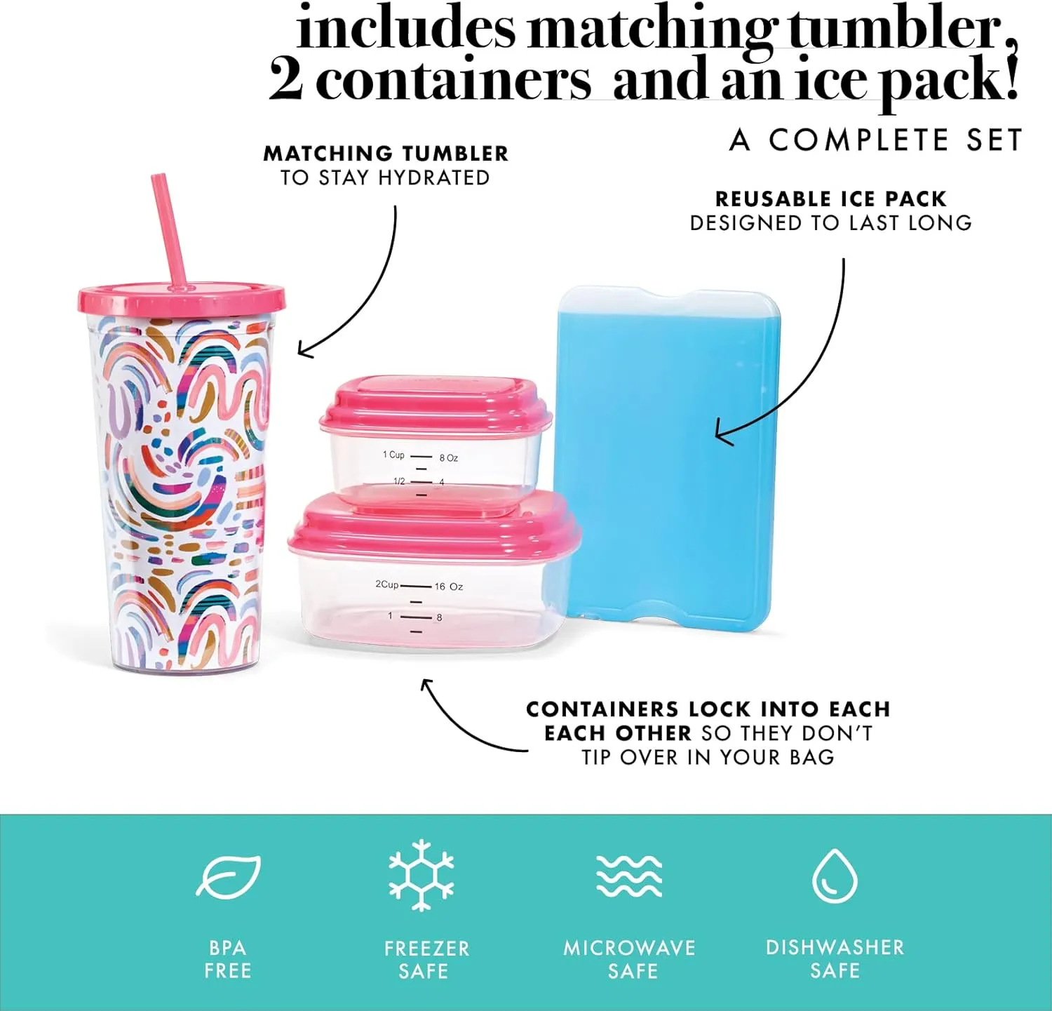 Fit & Fresh Lunch Bag For Women, Insulated Womens Lunch Bag For Work, Leakproof & Stain-Resistant Large Lunch Box For Women With Containers, Tumbler and Ice Pack, Zipper Closure Wichita Bag Rainbow