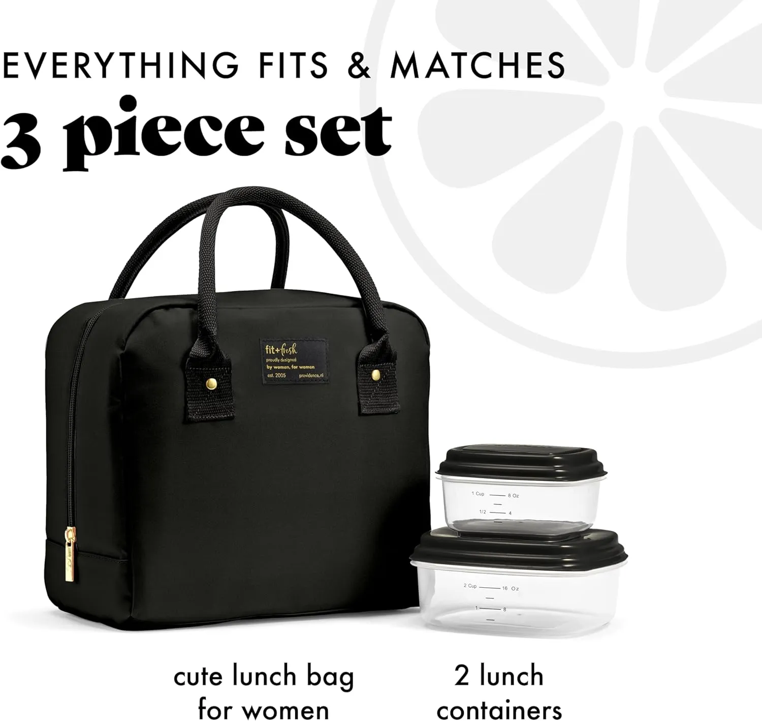 Fit & Fresh Lunch Bag For Women, Insulated Womens Lunch Bag For Work, Leakproof & Stain-Resistant Large Lunch Box For Women With Containers, Zipper Closure Bloomington Bag, Black