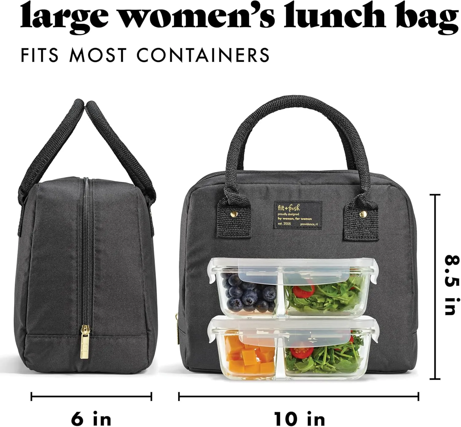 Fit & Fresh Lunch Bag For Women, Insulated Womens Lunch Bag For Work, Leakproof & Stain-Resistant Large Lunch Box For Women With Containers, Zipper Closure Bloomington Bag, Black