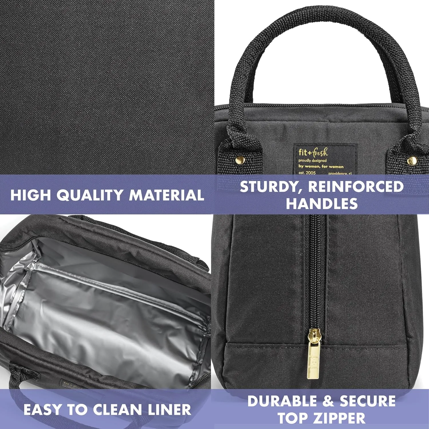 Fit & Fresh Lunch Bag For Women, Insulated Womens Lunch Bag For Work, Leakproof & Stain-Resistant Large Lunch Box For Women With Containers, Zipper Closure Bloomington Bag, Black