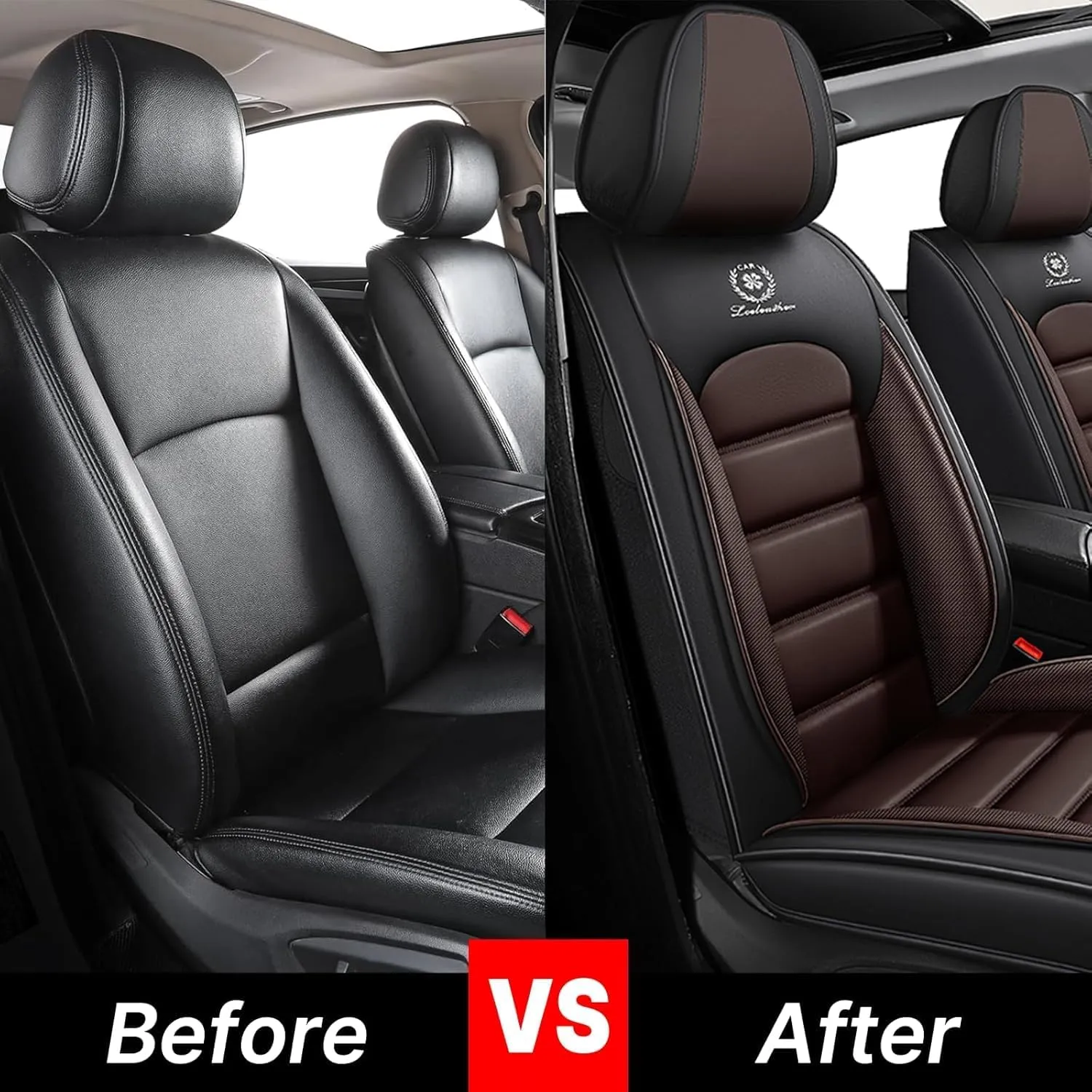 Fit for 98% of Ford Car Seat Covers, Full Surround Faux Leather Anti-Slip Waterproof Auto Seat Cover(Black&Coffee,Front Set)