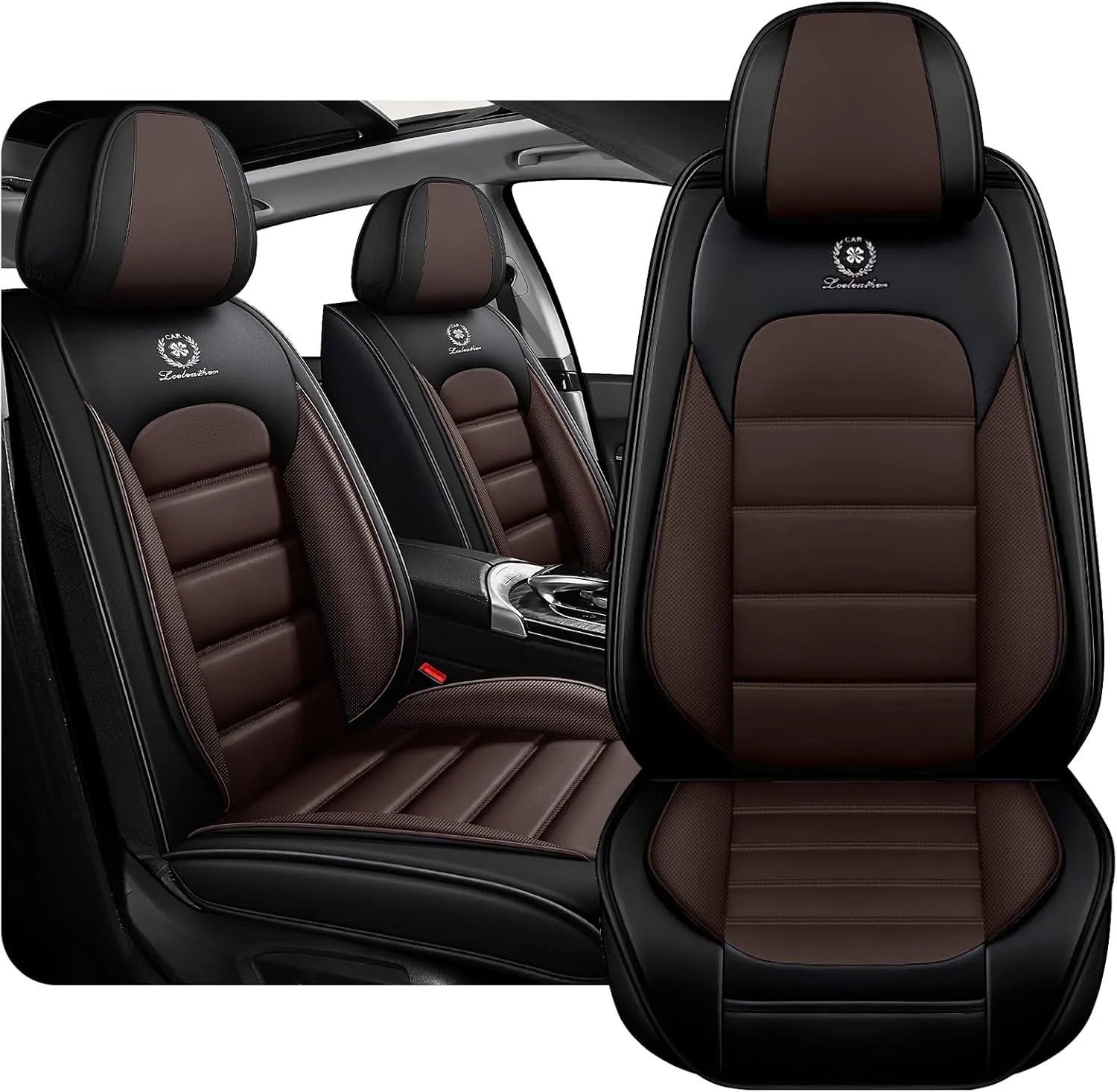 Fit for 98% of Ford Car Seat Covers, Full Surround Faux Leather Anti-Slip Waterproof Auto Seat Cover(Black&Coffee,Front Set)