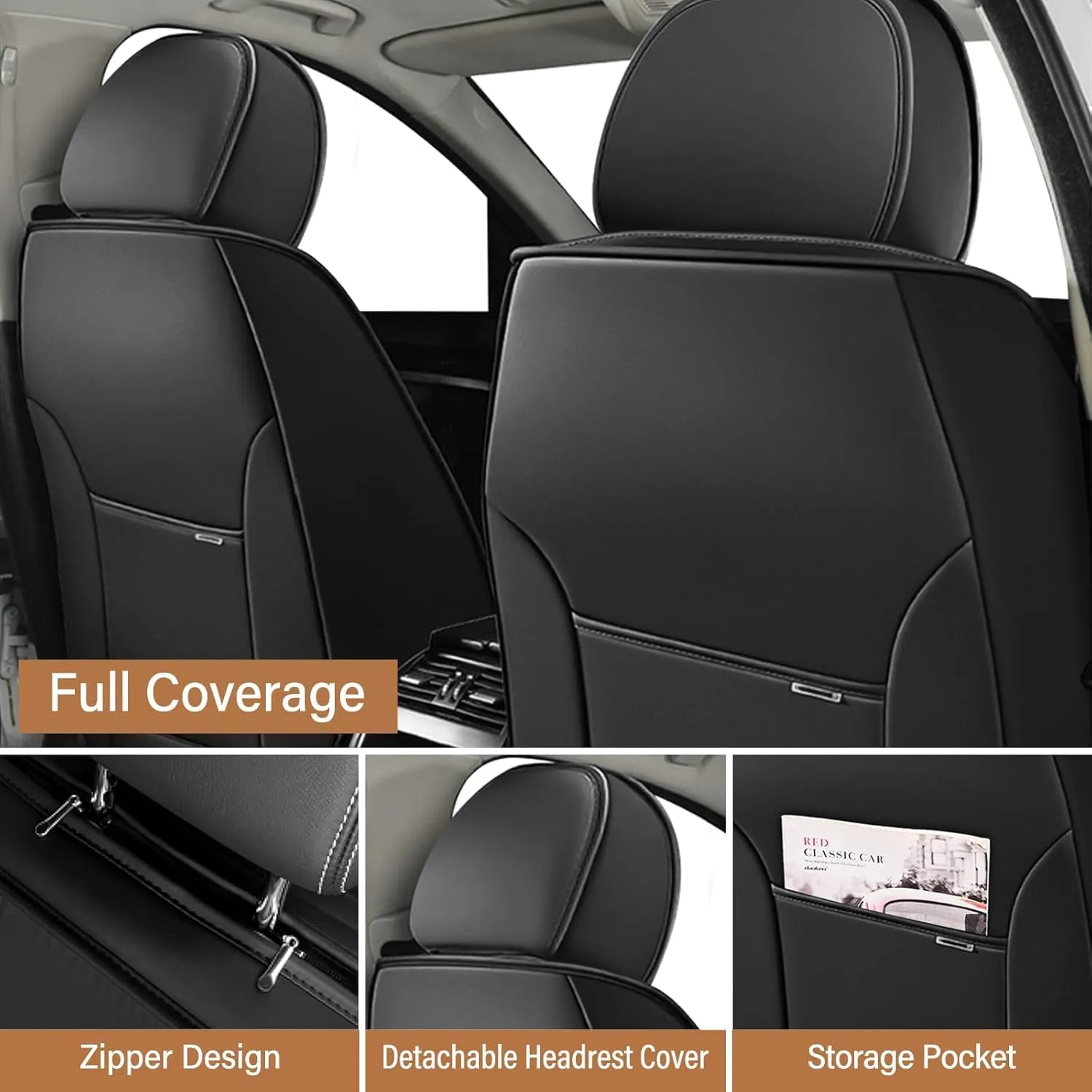 Fit for 98% of Ford Car Seat Covers, Full Surround Faux Leather Anti-Slip Waterproof Auto Seat Cover(Black&Coffee,Front Set)