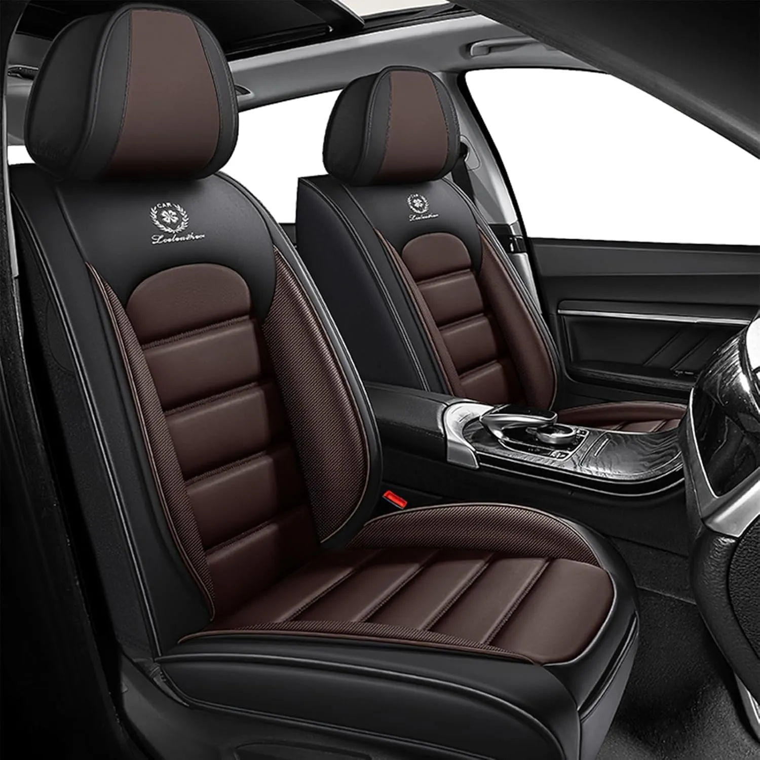 Fit for 98% of Ford Car Seat Covers, Full Surround Faux Leather Anti-Slip Waterproof Auto Seat Cover(Black&Coffee,Front Set)
