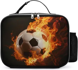 Flaming Football Burning Soccer Sport Portable Lunch Box Bag Tote Reusable Insulated Lunchbox Containers Leakproof Work Picnic