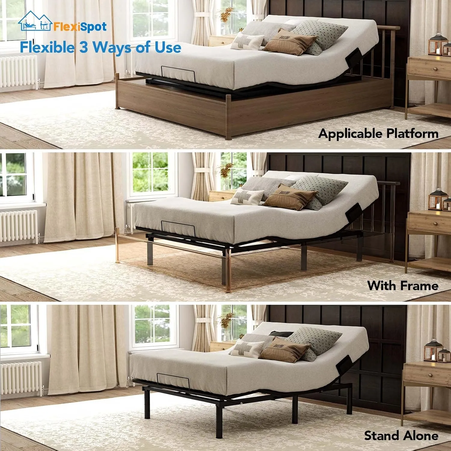 FLEXISPOT S3 Adjustable Bed Frame Base Queen, Wireless, 5 Minutes Quick Assembly, Zero Clearance, Zero Gravity, Whisper Quiet Durable Motor, Mattress Holder, Anti Snore.