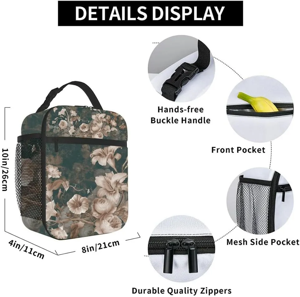 Flower painting a concrete grunge wall Loft modern Insulated Iunch Bag for Men Woman Large Portable Waterproof Reusable Thermal Lunch Box with Pockets for Work Travel Picnic