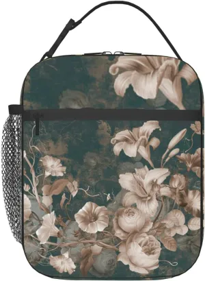 Flower painting a concrete grunge wall Loft modern Insulated Iunch Bag for Men Woman Large Portable Waterproof Reusable Thermal Lunch Box with Pockets for Work Travel Picnic