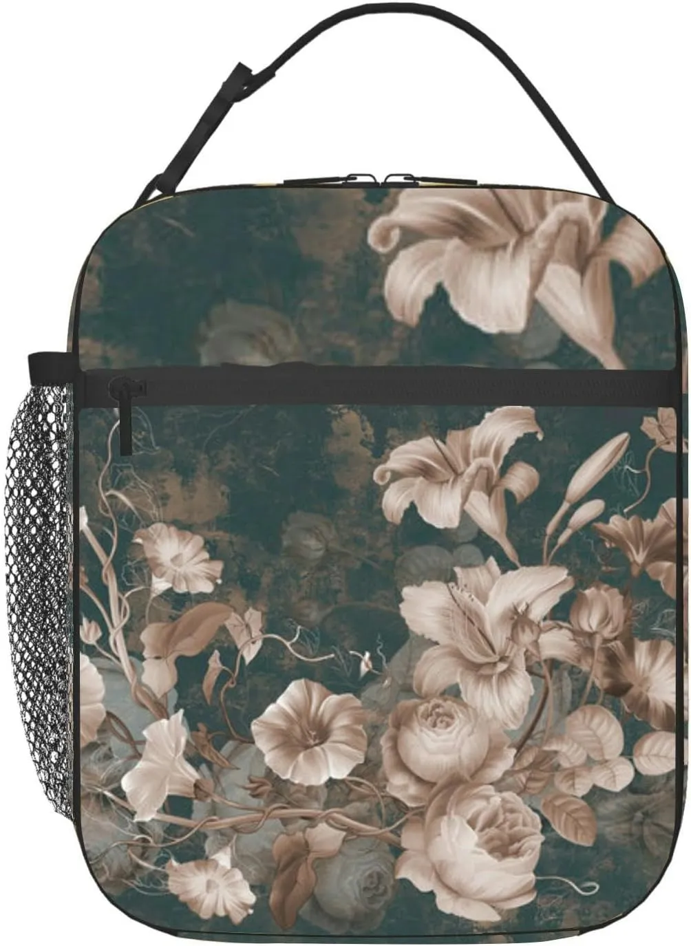 Flower painting a concrete grunge wall Loft modern Insulated Iunch Bag for Men Woman Large Portable Waterproof Reusable Thermal Lunch Box with Pockets for Work Travel Picnic