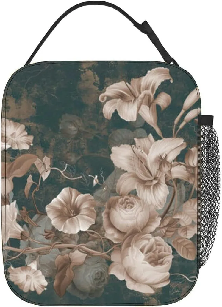Flower painting a concrete grunge wall Loft modern Insulated Iunch Bag for Men Woman Large Portable Waterproof Reusable Thermal Lunch Box with Pockets for Work Travel Picnic