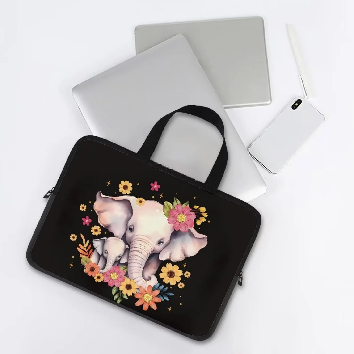 Flowers Elephants Print Laptop Travel Bag 14Inch Women Laptop Tote Bag for Work Travel 17 inch Laptop Bbag for Women Floral Laptop Bag 15.6inch Laptop Messenger Bag for Men