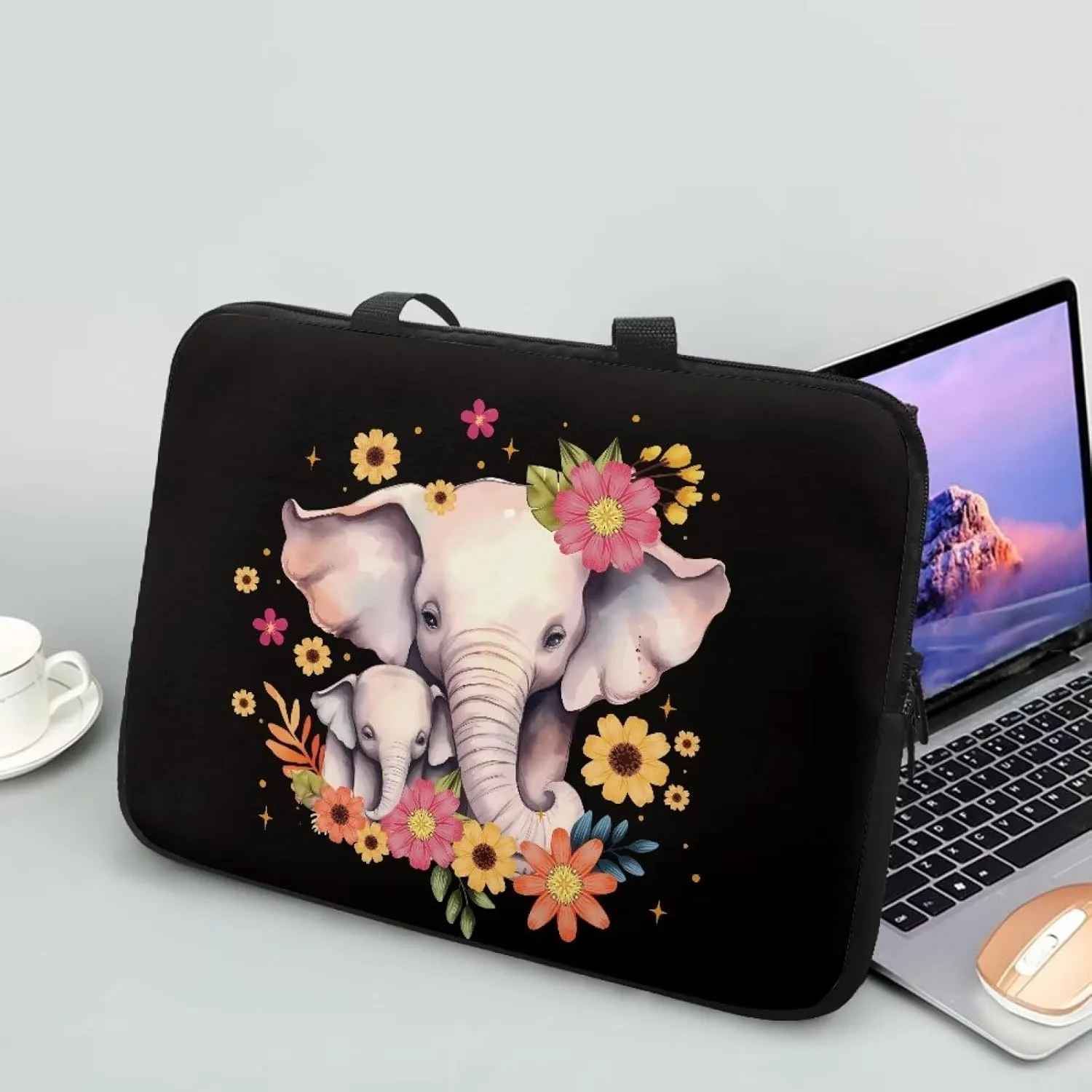 Flowers Elephants Print Laptop Travel Bag 14Inch Women Laptop Tote Bag for Work Travel 17 inch Laptop Bbag for Women Floral Laptop Bag 15.6inch Laptop Messenger Bag for Men