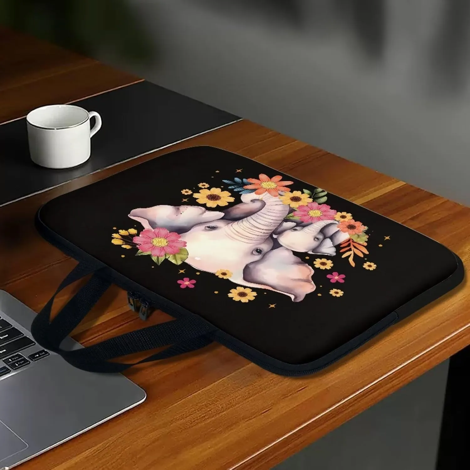 Flowers Elephants Print Laptop Travel Bag 14Inch Women Laptop Tote Bag for Work Travel 17 inch Laptop Bbag for Women Floral Laptop Bag 15.6inch Laptop Messenger Bag for Men
