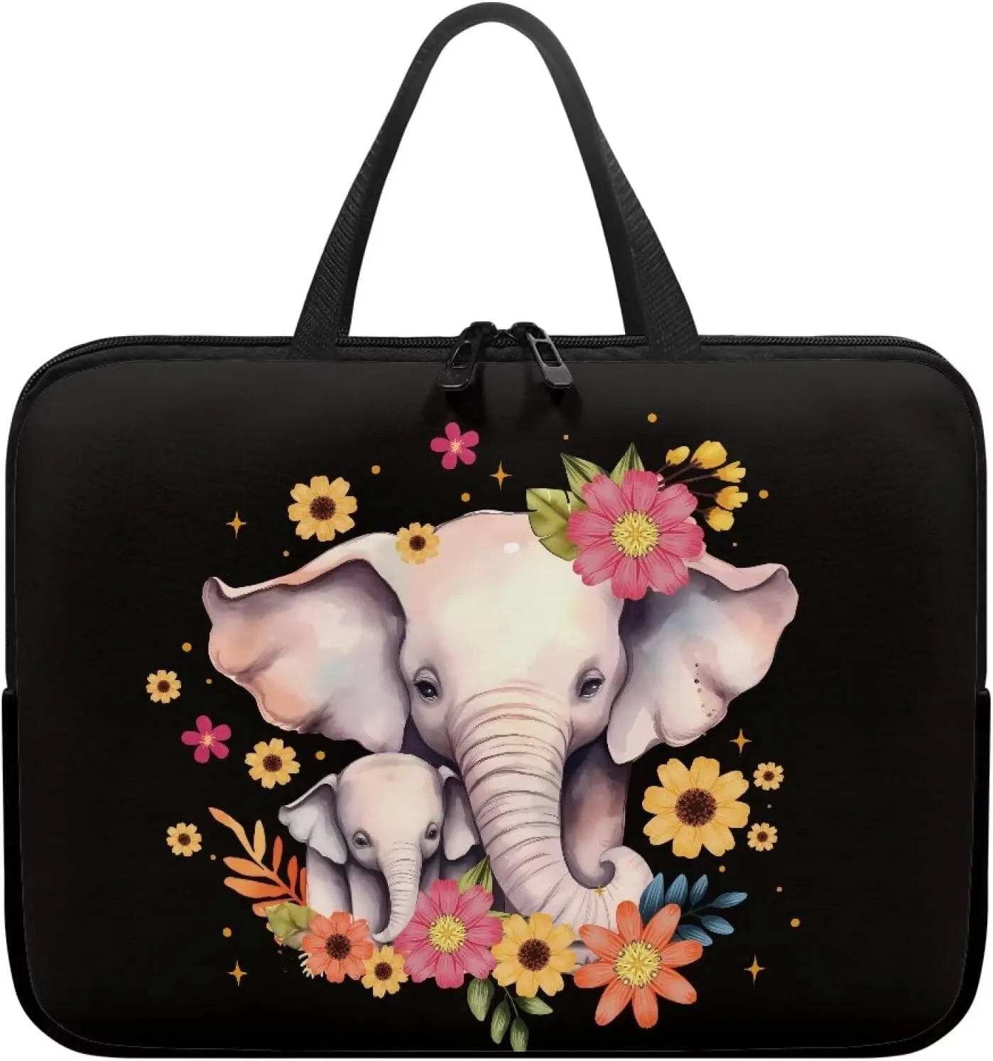 Flowers Elephants Print Laptop Travel Bag 14Inch Women Laptop Tote Bag for Work Travel 17 inch Laptop Bbag for Women Floral Laptop Bag 15.6inch Laptop Messenger Bag for Men