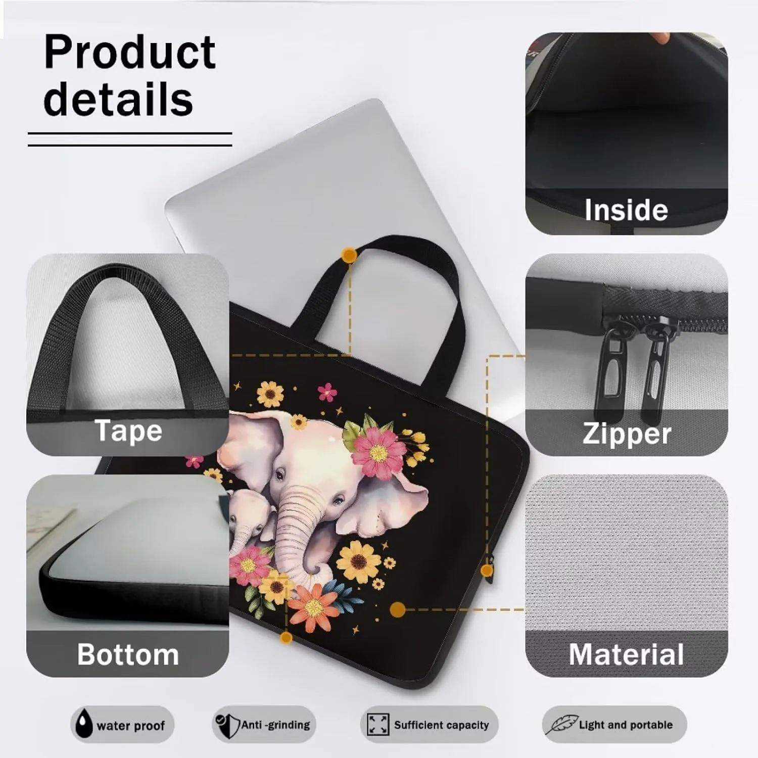 Flowers Elephants Print Laptop Travel Bag 14Inch Women Laptop Tote Bag for Work Travel 17 inch Laptop Bbag for Women Floral Laptop Bag 15.6inch Laptop Messenger Bag for Men