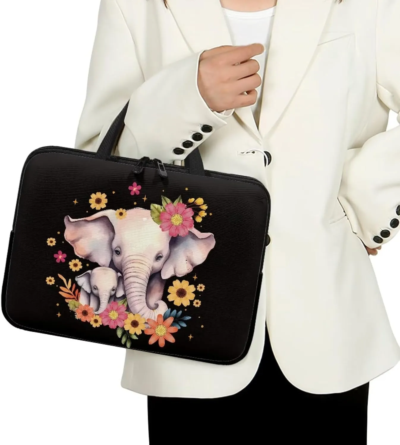 Flowers Elephants Print Laptop Travel Bag 14Inch Women Laptop Tote Bag for Work Travel 17 inch Laptop Bbag for Women Floral Laptop Bag 15.6inch Laptop Messenger Bag for Men