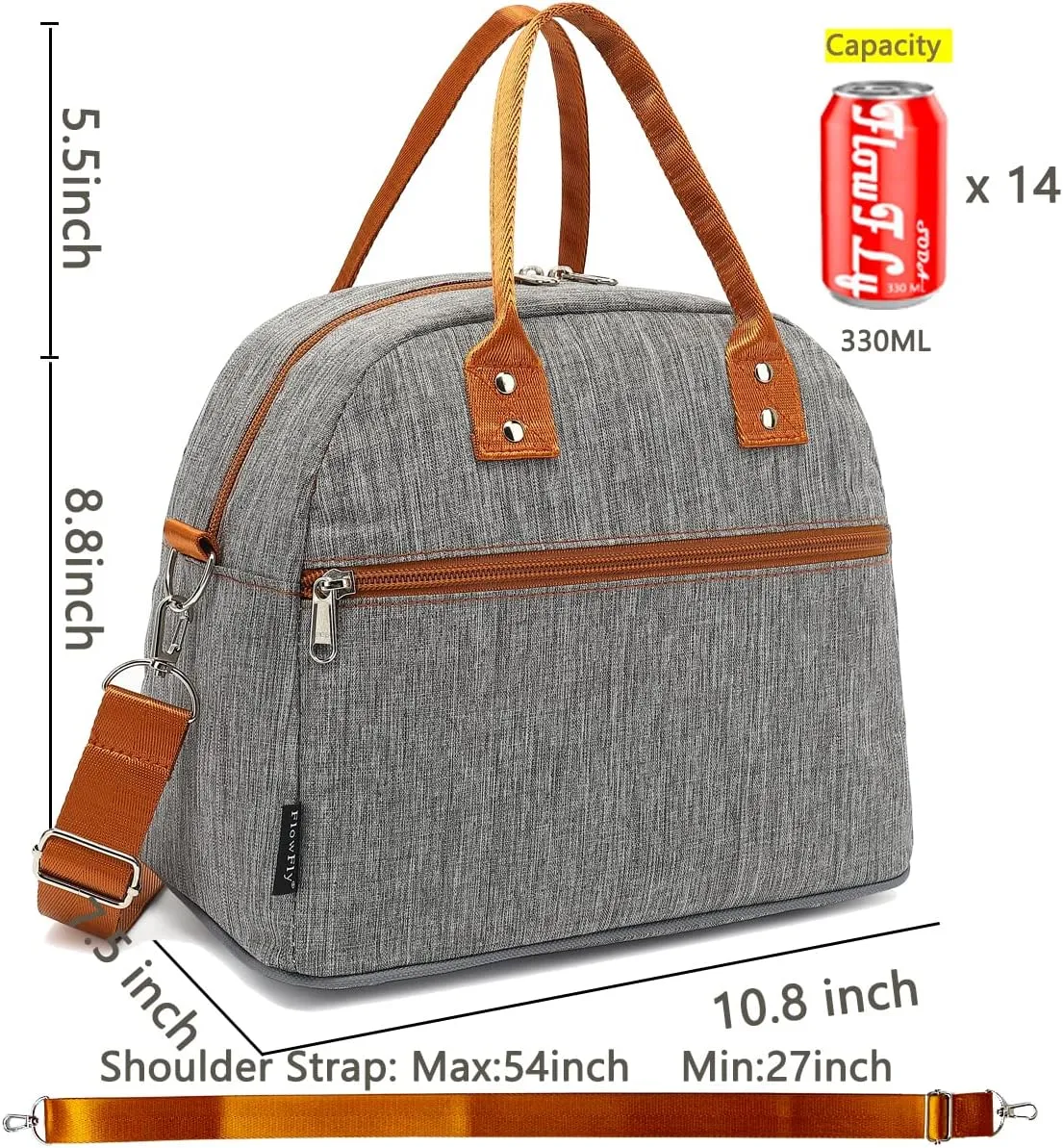 FlowFly Insulated Lunch Bag With Shoulder Strap for Women, Men, and Kids, Large and Reusable, Handle, Freezable Work and School Travel Tote and Meal Prep Organizer,Grey