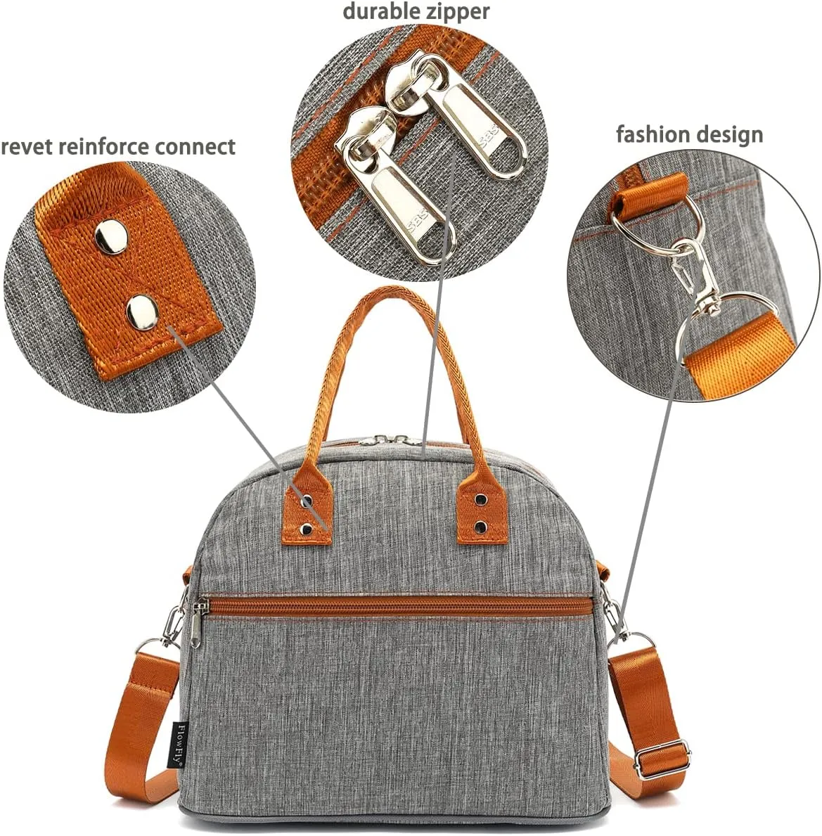 FlowFly Insulated Lunch Bag With Shoulder Strap for Women, Men, and Kids, Large and Reusable, Handle, Freezable Work and School Travel Tote and Meal Prep Organizer,Grey