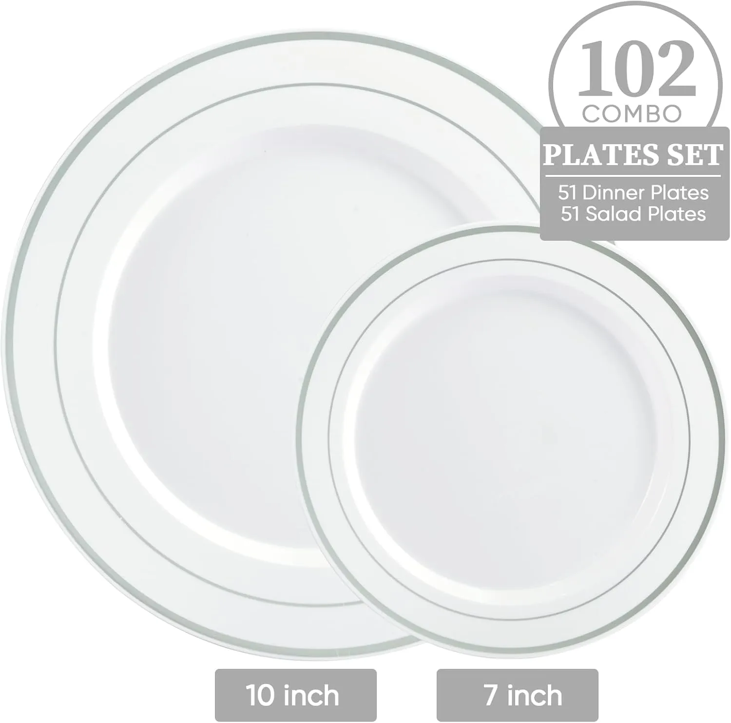 FOCUSLINE Silver Plastic Plates Set of 102, Disposable Heavy Duty 51 Dinner Plates and 51 Dessert Plates, Elegant Fancy White Plastic Plate with Silver Rim for Wedding Party Plate