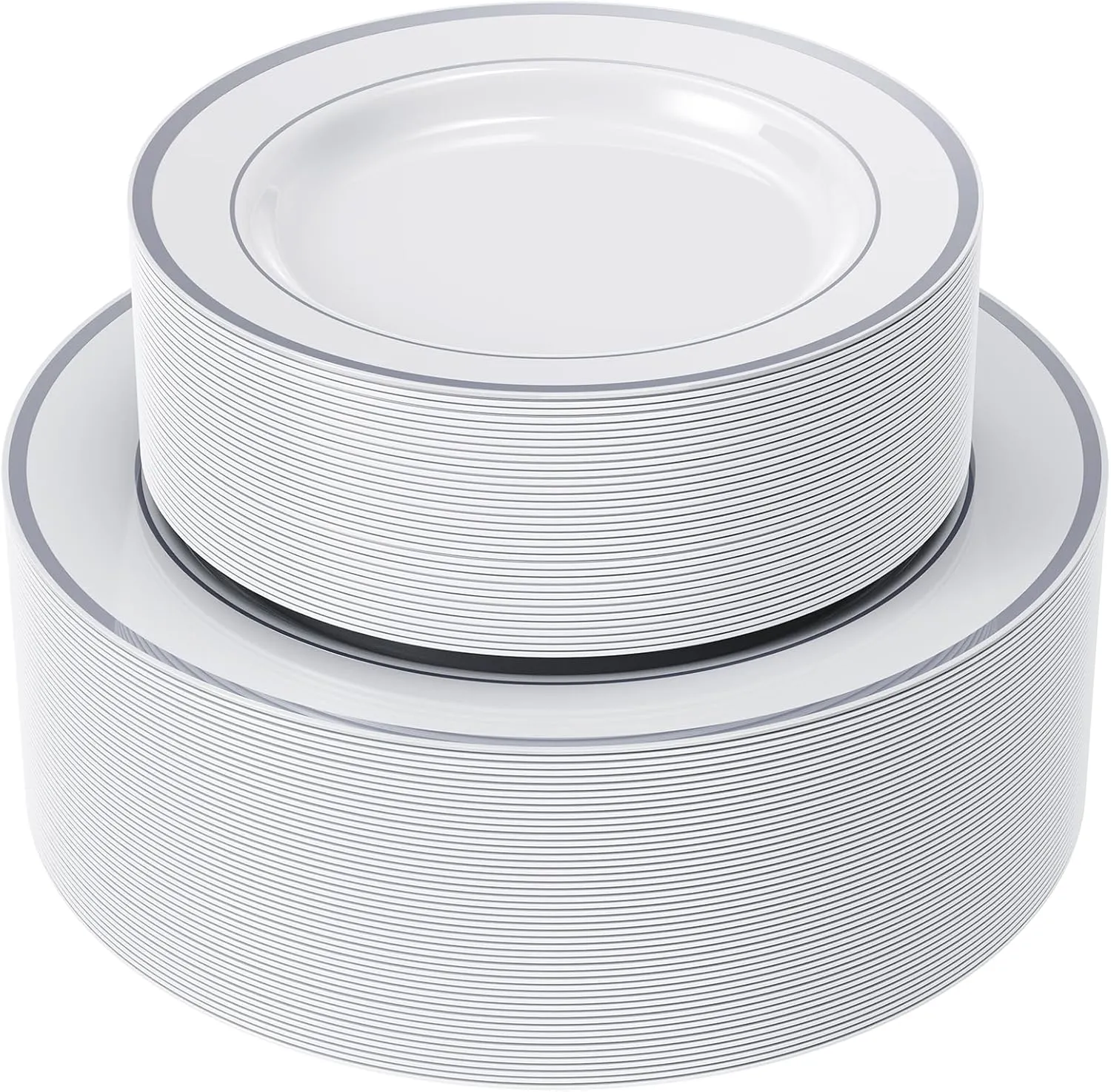 FOCUSLINE Silver Plastic Plates Set of 102, Disposable Heavy Duty 51 Dinner Plates and 51 Dessert Plates, Elegant Fancy White Plastic Plate with Silver Rim for Wedding Party Plate
