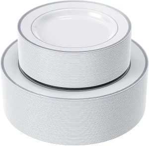 FOCUSLINE Silver Plastic Plates Set of 102, Disposable Heavy Duty 51 Dinner Plates and 51 Dessert Plates, Elegant Fancy White Plastic Plate with Silver Rim for Wedding Party Plate