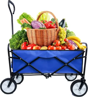 Folding Utility Wagon Cart, Heavy Duty Collapsible Garden Cart with 150LBS Load, Portable Outdoor Wagon with Adjustable Handle & Cup Holders, Foldable Trolley for Beach, Camping & Sports (Blue)