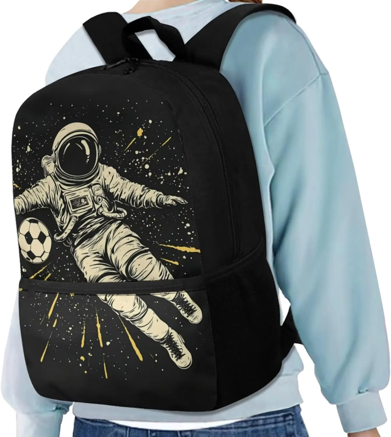 Football Spaceman Backpack for Boys with Lunch Bag 3 Pieces Bookbag for Kids 17 Inch School Bag with 2 Leather Bookmarks for Primary School Travel Daypack