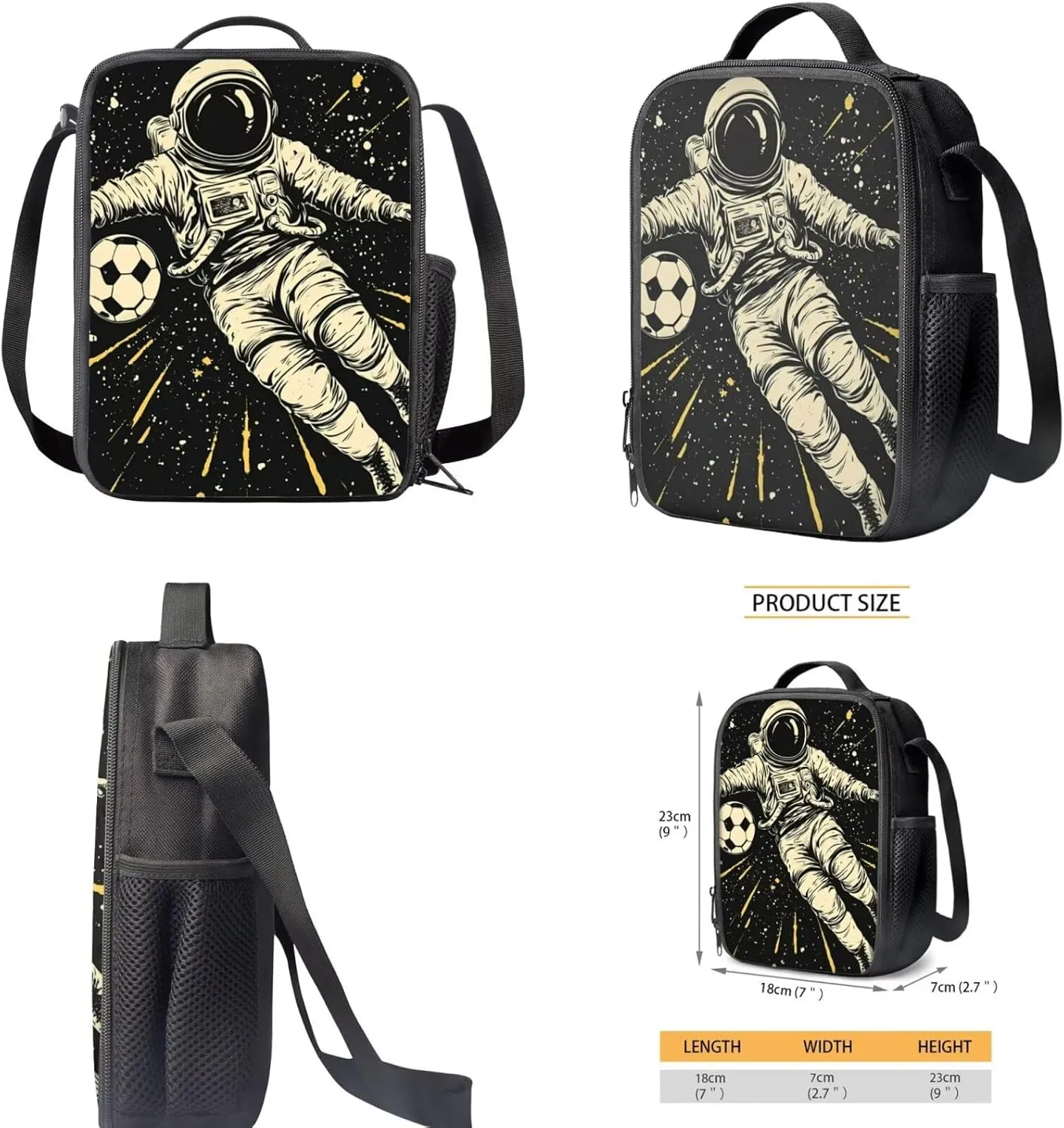Football Spaceman Backpack for Boys with Lunch Bag 3 Pieces Bookbag for Kids 17 Inch School Bag with 2 Leather Bookmarks for Primary School Travel Daypack