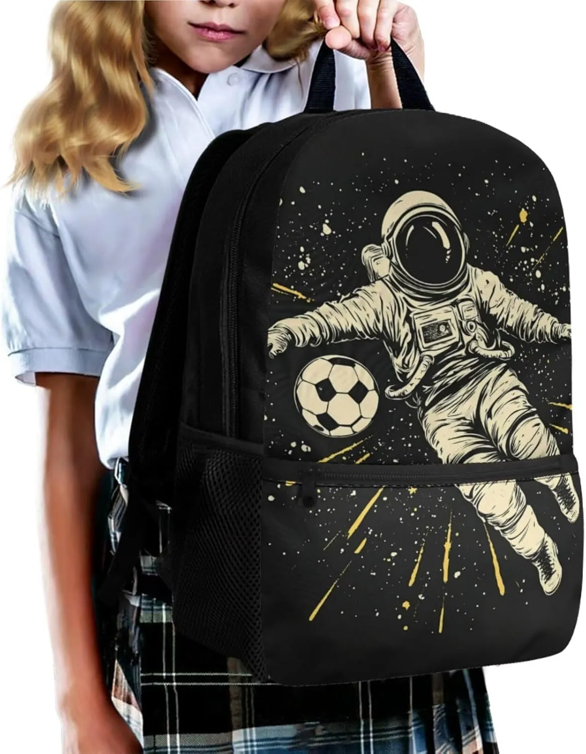 Football Spaceman Backpack for Boys with Lunch Bag 3 Pieces Bookbag for Kids 17 Inch School Bag with 2 Leather Bookmarks for Primary School Travel Daypack