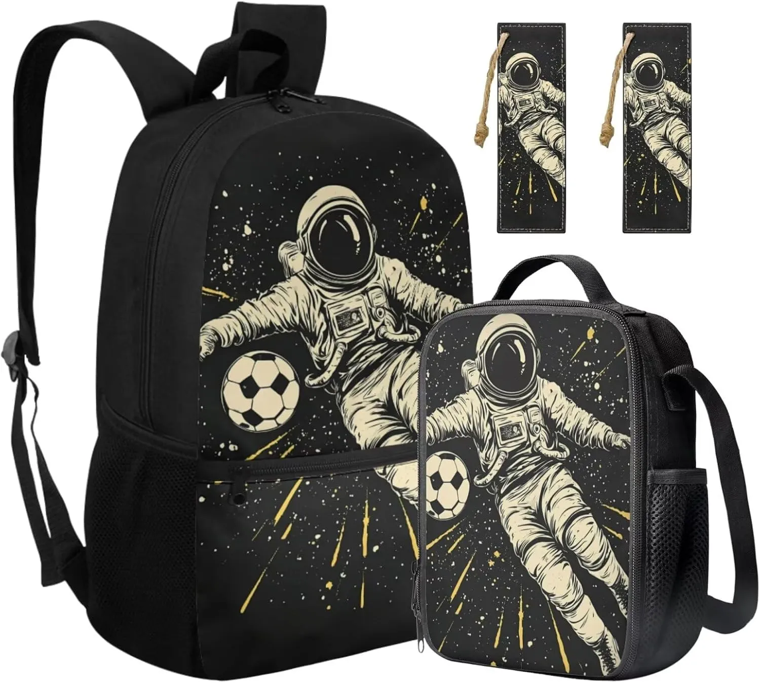 Football Spaceman Backpack for Boys with Lunch Bag 3 Pieces Bookbag for Kids 17 Inch School Bag with 2 Leather Bookmarks for Primary School Travel Daypack
