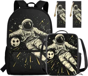 Football Spaceman Backpack for Boys with Lunch Bag 3 Pieces Bookbag for Kids 17 Inch School Bag with 2 Leather Bookmarks for Primary School Travel Daypack