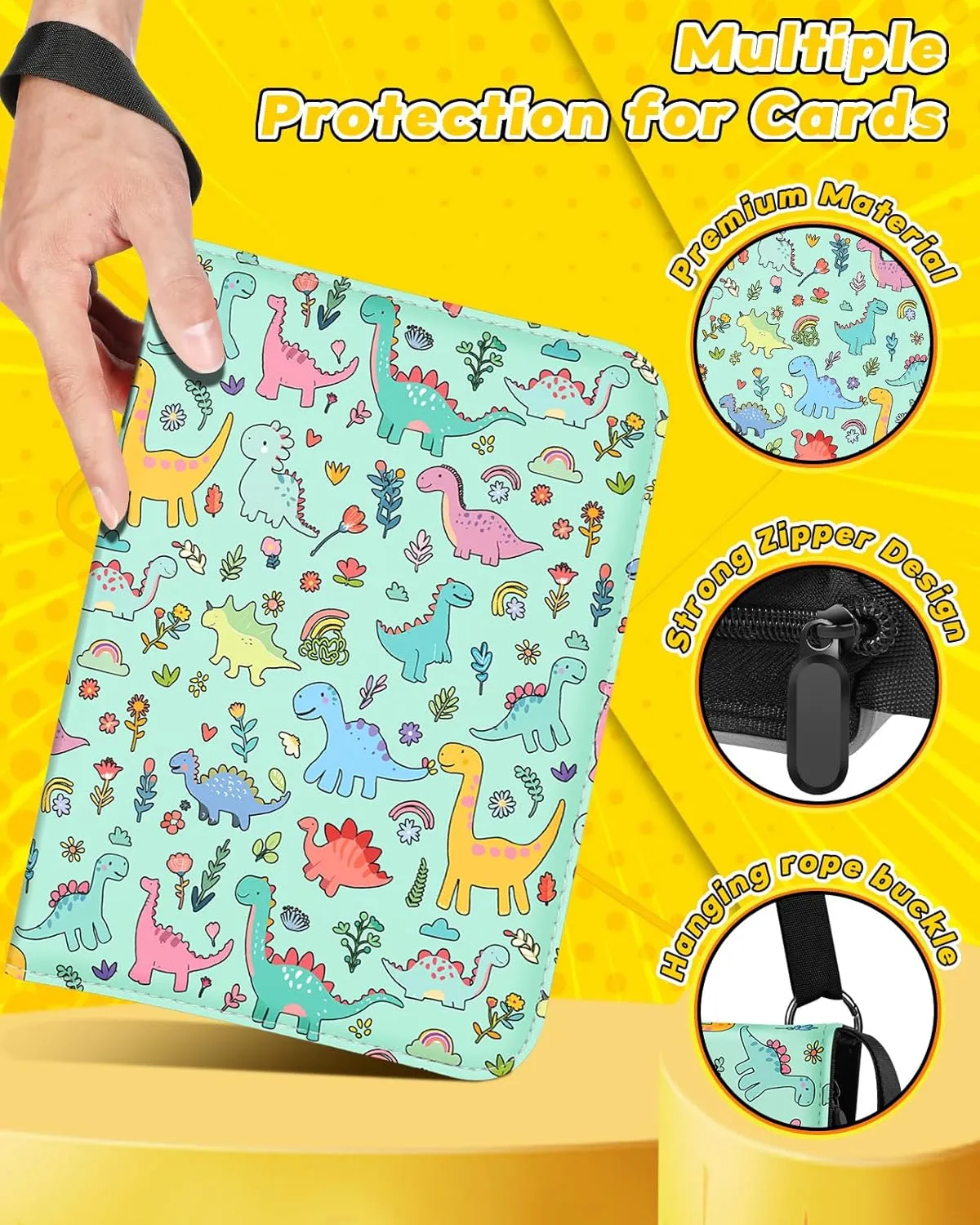 for 4 Pocket Card Binder with 440 Pockets - Trading Card Collection Album Folder for Men Boys Teens Cartoon Dinosaur Design for Sports Cards Game Cards with Zipper Hand Carrying Rope