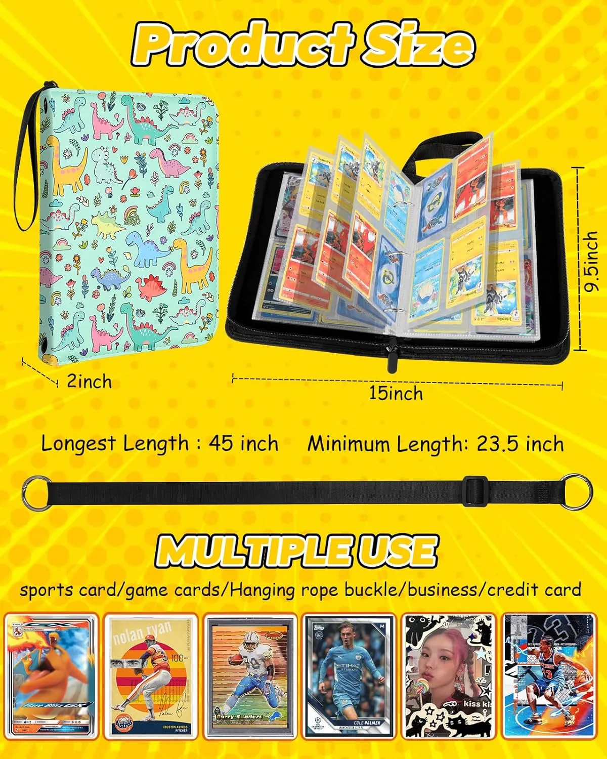 for 4 Pocket Card Binder with 440 Pockets - Trading Card Collection Album Folder for Men Boys Teens Cartoon Dinosaur Design for Sports Cards Game Cards with Zipper Hand Carrying Rope