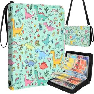 for 4 Pocket Card Binder with 440 Pockets - Trading Card Collection Album Folder for Men Boys Teens Cartoon Dinosaur Design for Sports Cards Game Cards with Zipper Hand Carrying Rope