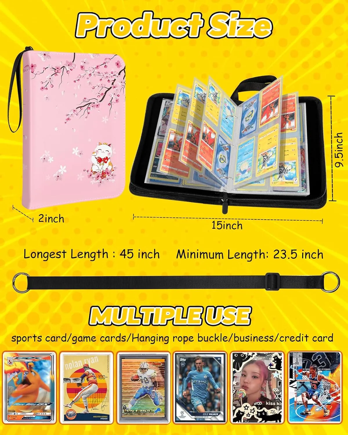 for Card Binder with 440 Pockets 4 Pocket - Trading Card Collection Album Folder for Kids Girls Girly Boys Teens for Sports Cards Game Cards with Zipper Hand Carrying, Sakura Cat