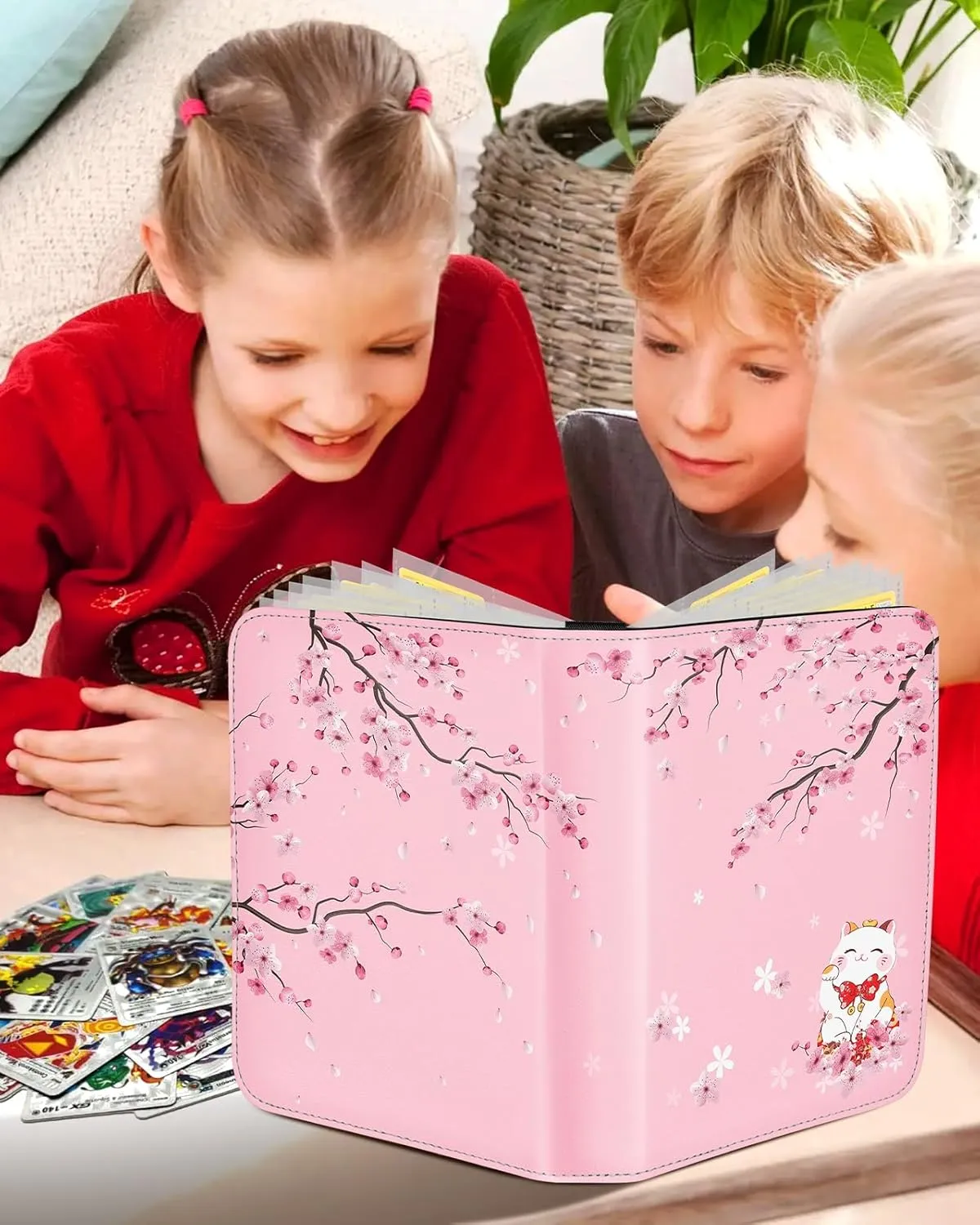 for Card Binder with 440 Pockets 4 Pocket - Trading Card Collection Album Folder for Kids Girls Girly Boys Teens for Sports Cards Game Cards with Zipper Hand Carrying, Sakura Cat