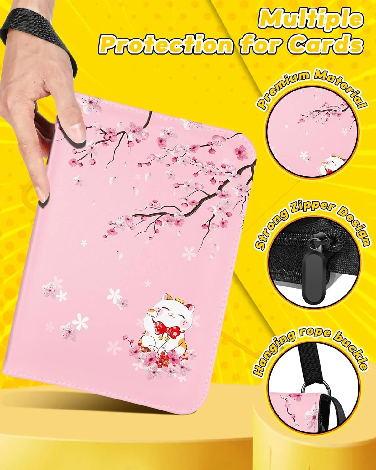 for Card Binder with 440 Pockets 4 Pocket - Trading Card Collection Album Folder for Kids Girls Girly Boys Teens for Sports Cards Game Cards with Zipper Hand Carrying, Sakura Cat