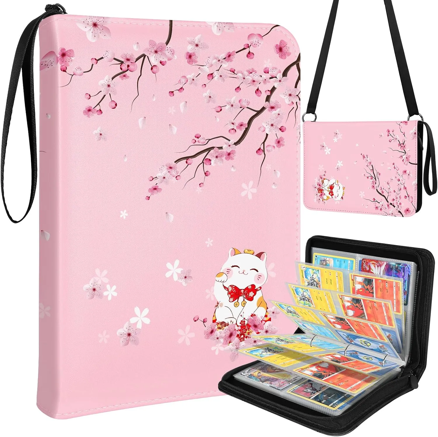 for Card Binder with 440 Pockets 4 Pocket - Trading Card Collection Album Folder for Kids Girls Girly Boys Teens for Sports Cards Game Cards with Zipper Hand Carrying, Sakura Cat