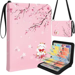 for Card Binder with 440 Pockets 4 Pocket - Trading Card Collection Album Folder for Kids Girls Girly Boys Teens for Sports Cards Game Cards with Zipper Hand Carrying, Sakura Cat
